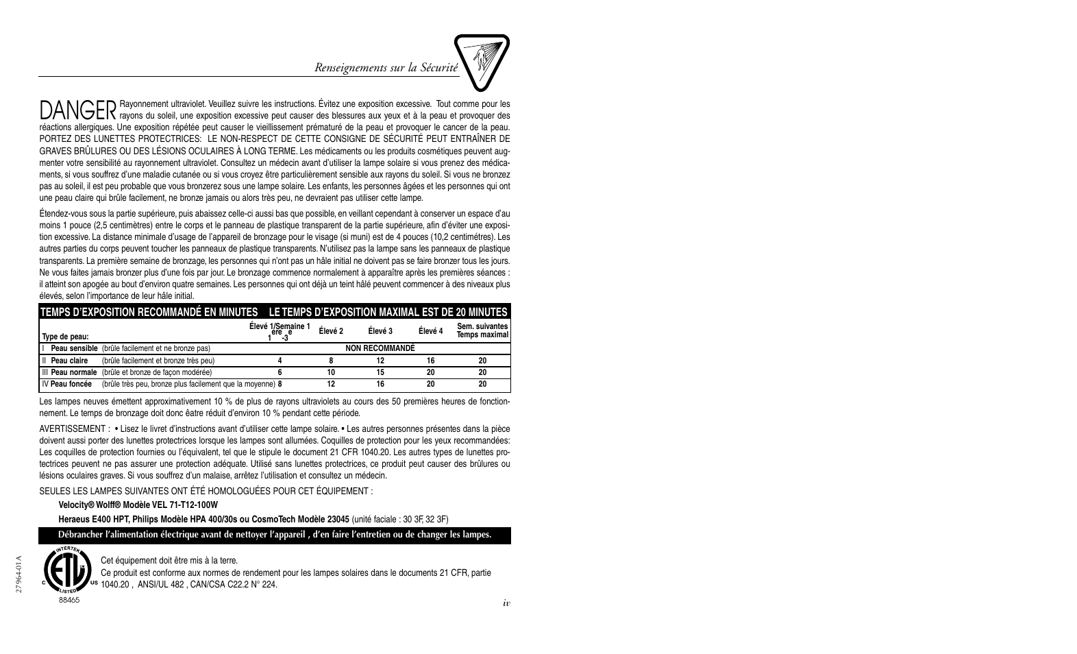 Danger, Renseignements sur la sécurité | Philips 27964-01A User Manual | Page 5 / 36