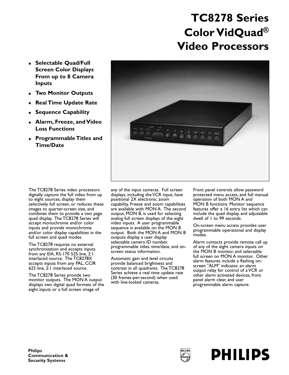 Philips VidQuad Color Video Processors TC8278 User Manual | 2 pages