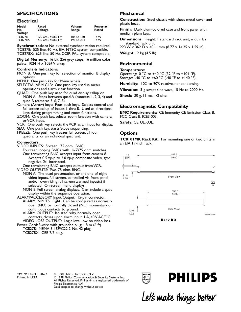 Specifications electrical, Mechanical, Environmental | Electromagnetic compatibility, Options | Philips VidQuad Color Video Processors TC8278 User Manual | Page 2 / 2