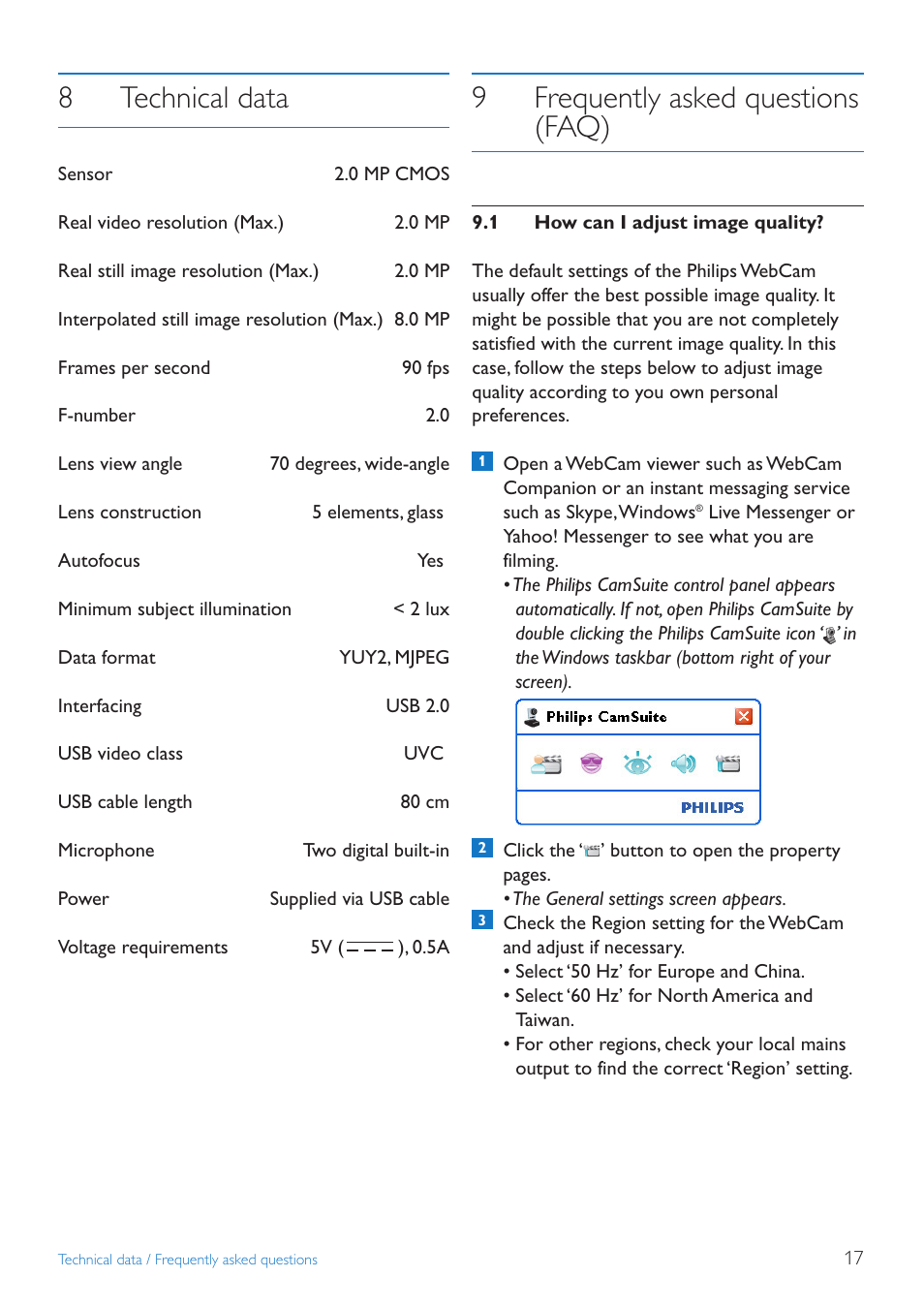 8technical data, 9frequently asked questions (faq) | Philips SPC2050NC User Manual | Page 17 / 21