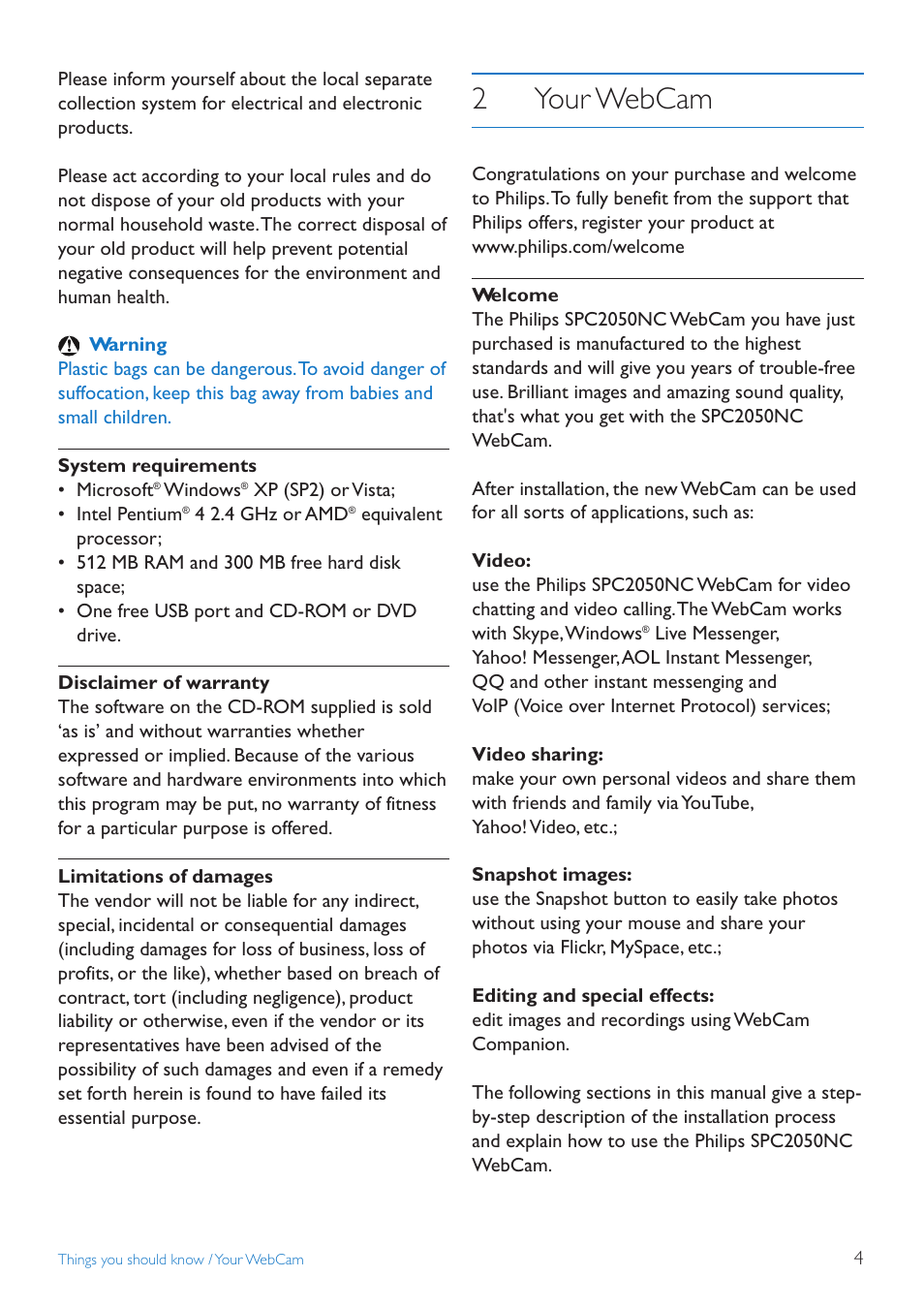 2your webcam | Philips SPC2050NC User Manual | Page 4 / 21