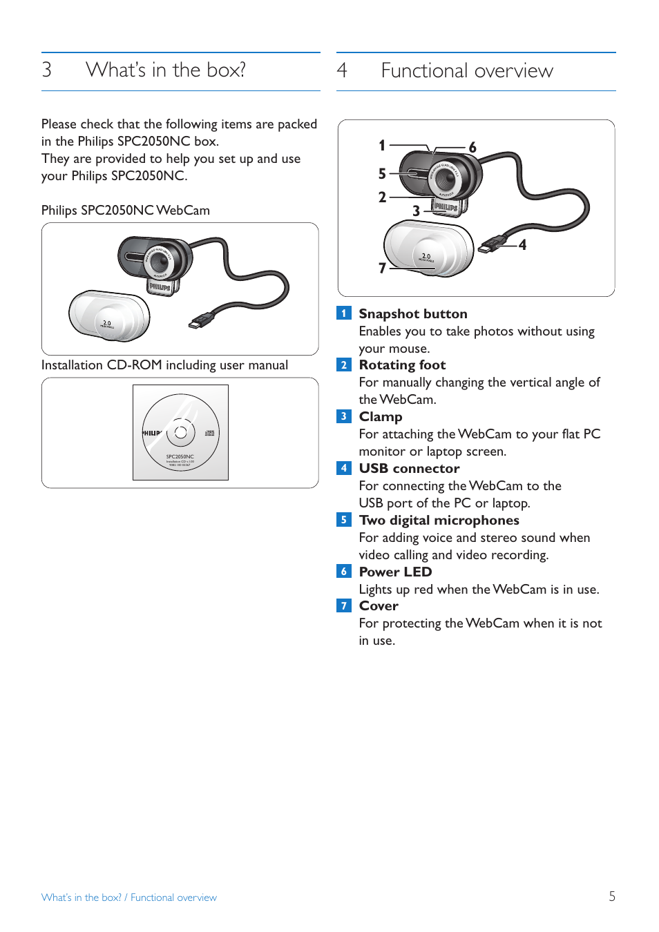 3what’s in the box, 4functional overview | Philips SPC2050NC User Manual | Page 5 / 21