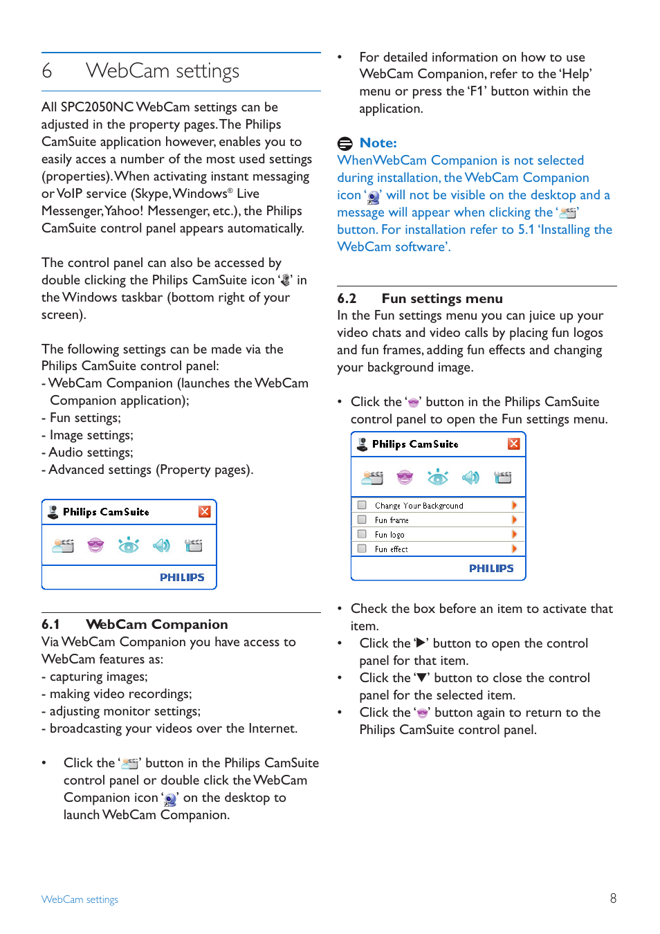 6webcam settings | Philips SPC2050NC User Manual | Page 8 / 21
