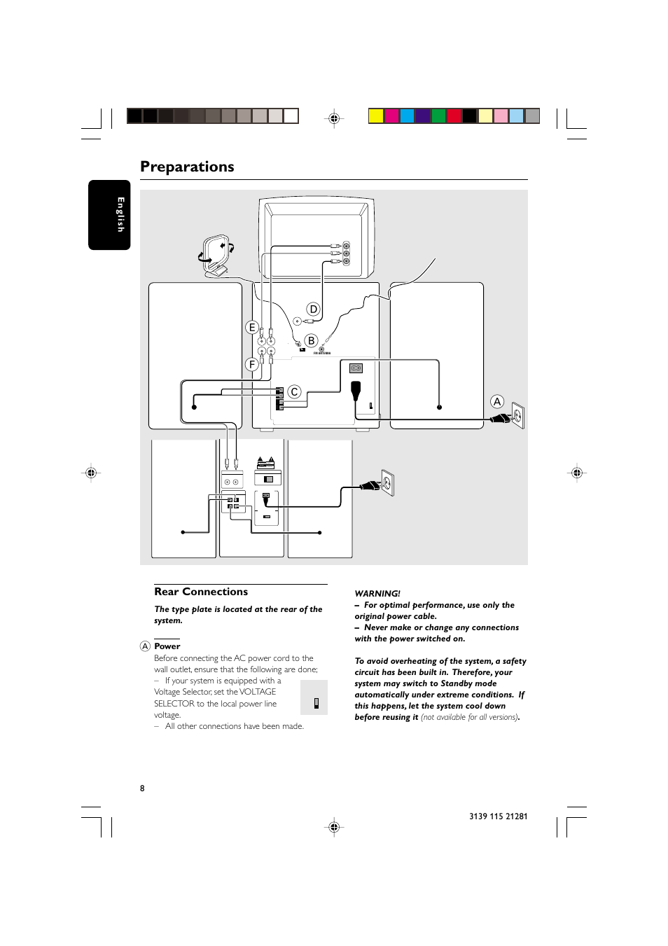 Preparations, Ab c, Rear connections | Speaker (right) speaker (left), Ac power cord, Am loop antenna, Fm wire antenna, Booster speaker (left) booster speaker (right) | Philips FW-V795 User Manual | Page 8 / 35