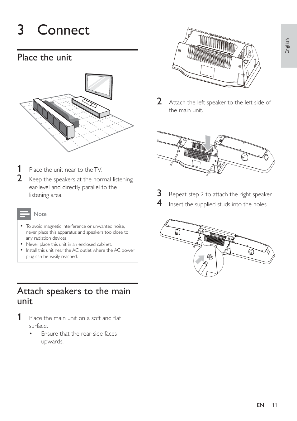 3 connect, Place the unit 1, Attach speakers to the main unit 1 | Philips HSB2351/51 User Manual | Page 10 / 36