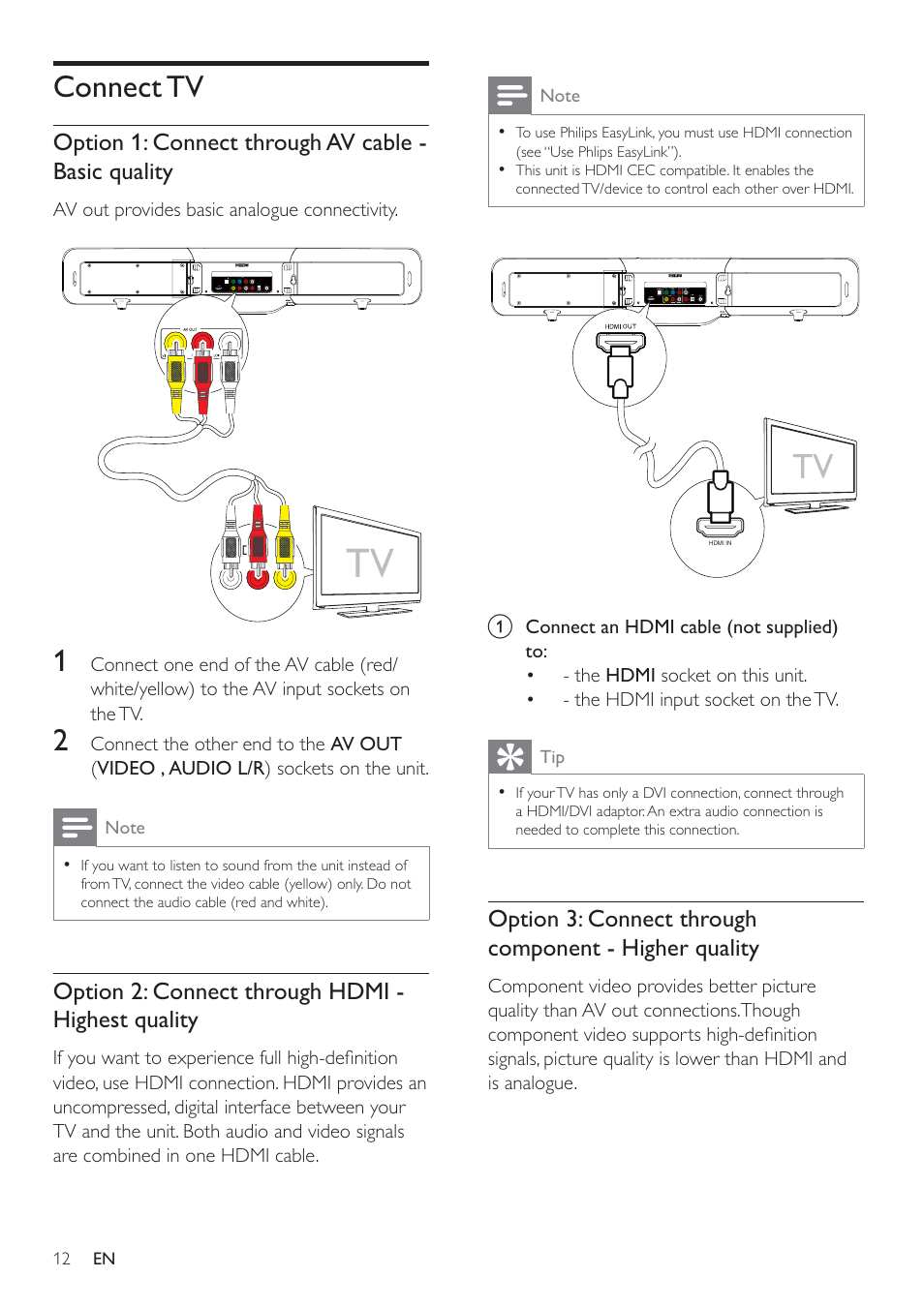 Connect tv, Option 1: connect through av cable - basic quality, Option 2: connect through hdmi - highest quality | Philips HSB2351/51 User Manual | Page 11 / 36