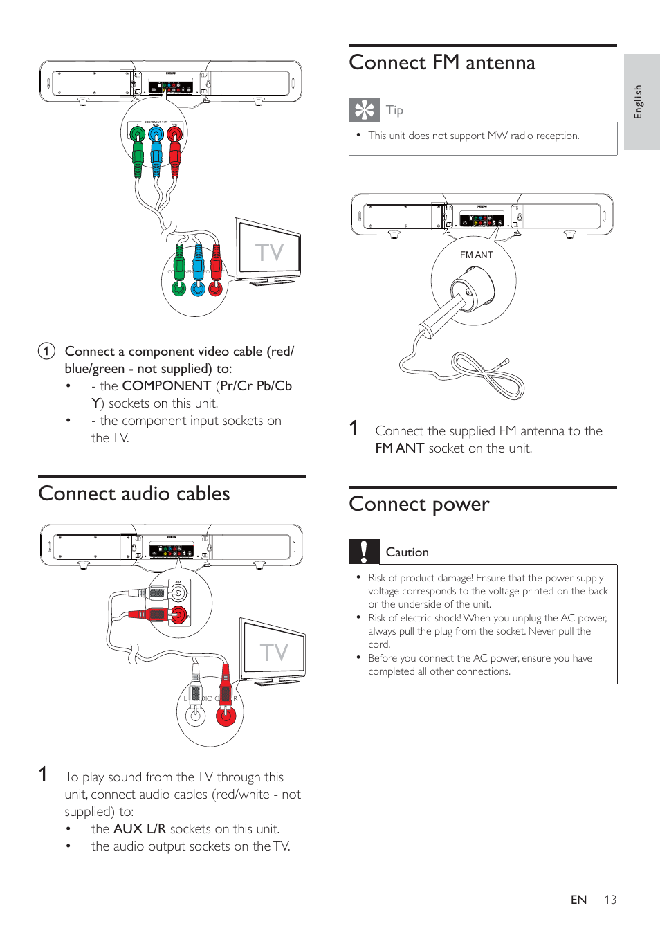 Connect fm antenna, Connect power, Connect audio cables 1 | Philips HSB2351/51 User Manual | Page 12 / 36