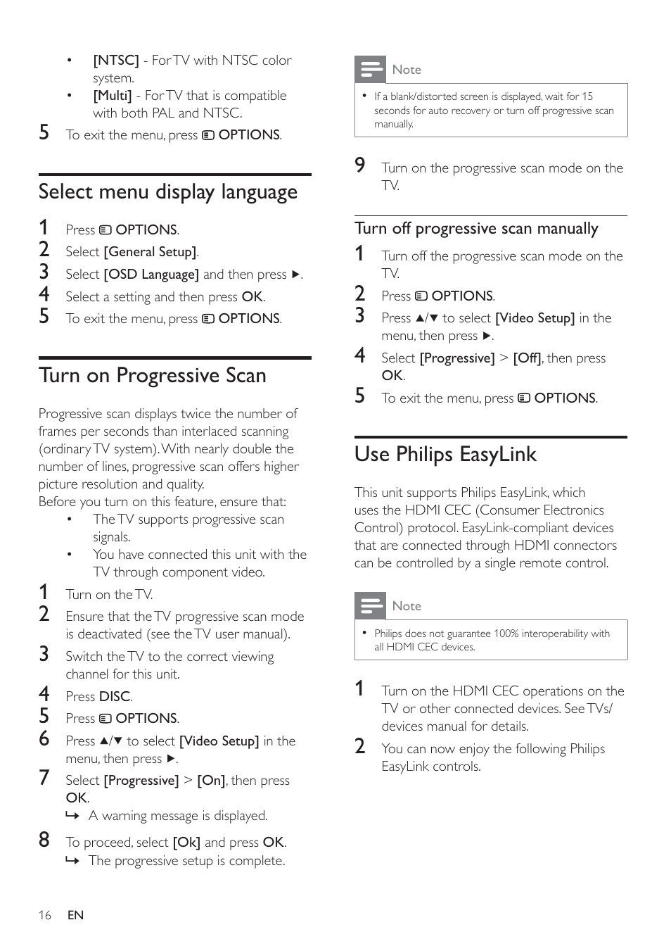 Use philips easylink, Select menu display language 1, Turn on progressive scan | Philips HSB2351/51 User Manual | Page 15 / 36