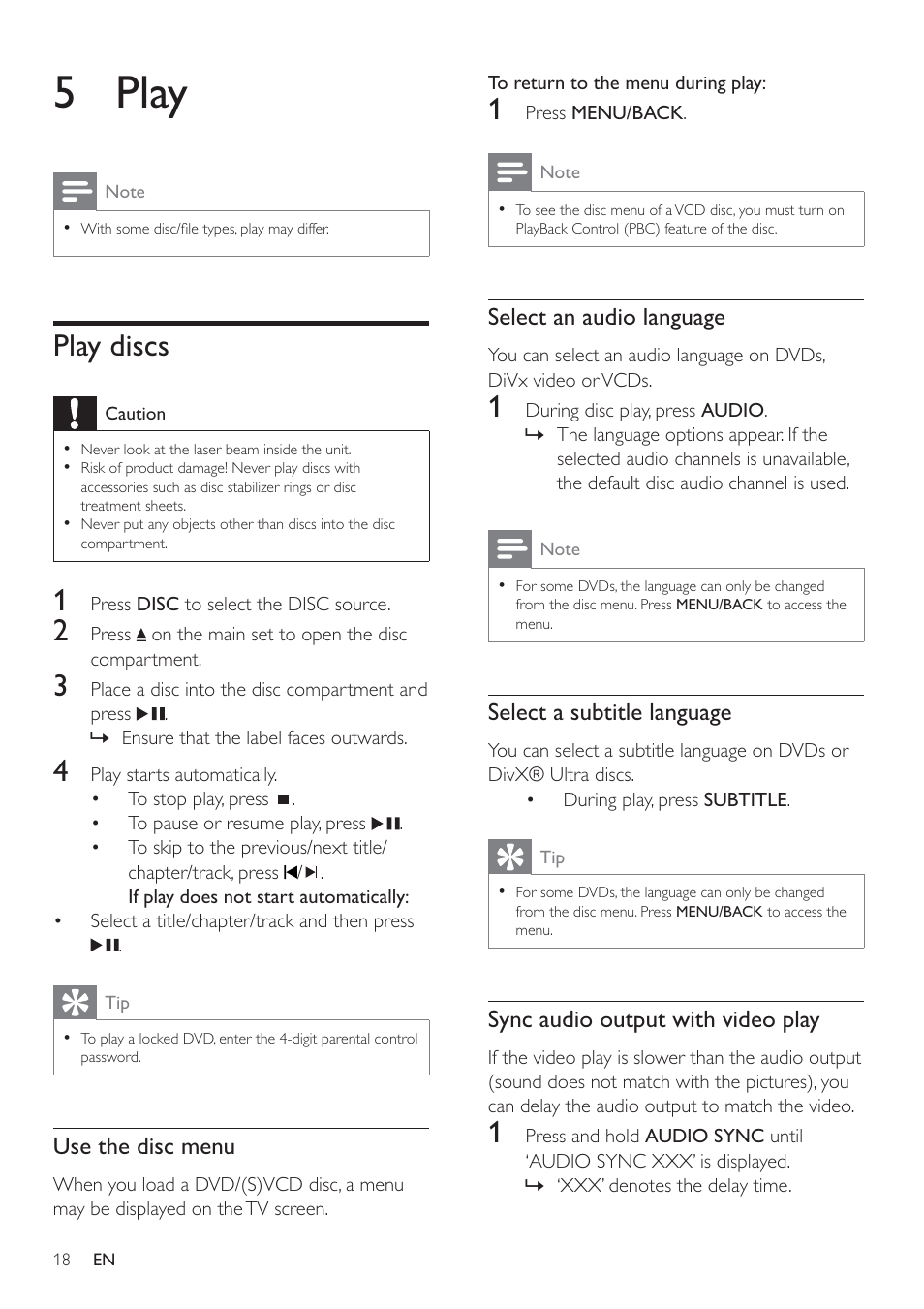 5 play, Play discs, Select an audio language | Select a subtitle language, Sync audio output with video play, Use the disc menu | Philips HSB2351/51 User Manual | Page 17 / 36