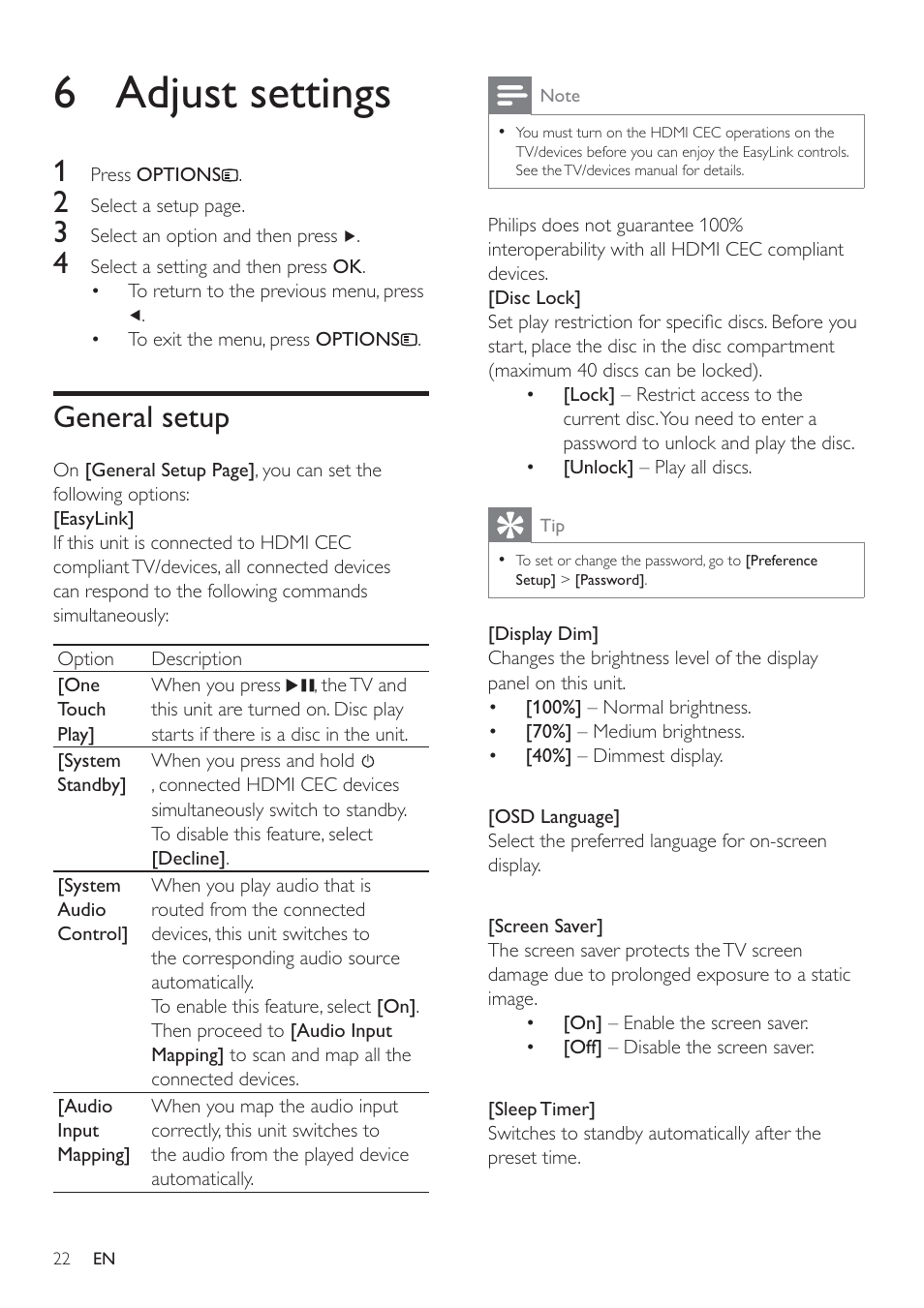 6 adjust settings, General setup | Philips HSB2351/51 User Manual | Page 21 / 36