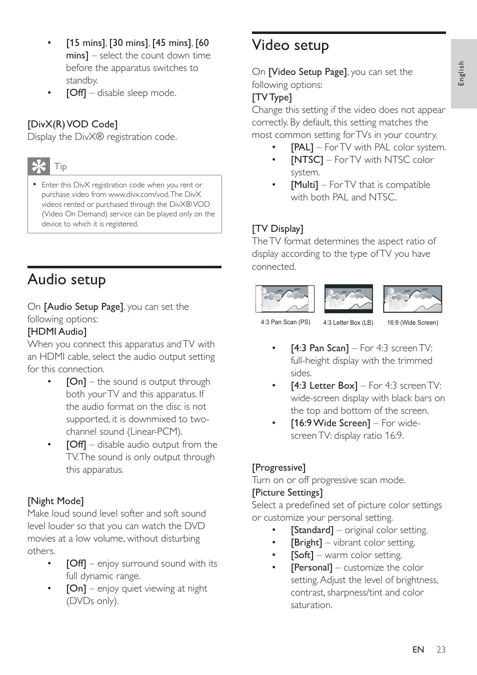 Video setup, Audio setup | Philips HSB2351/51 User Manual | Page 22 / 36