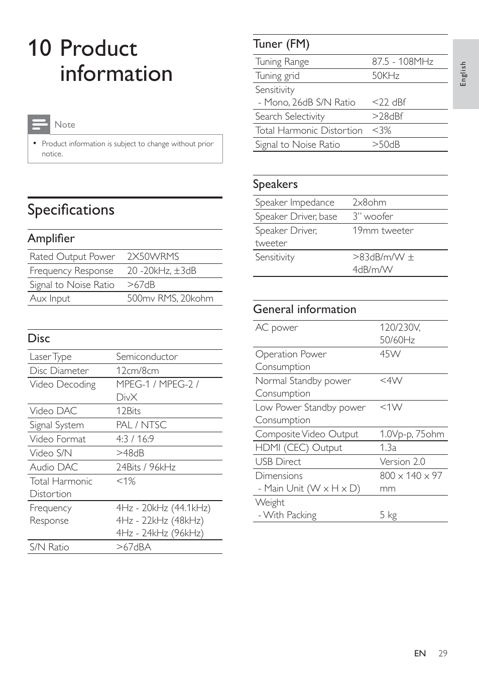 10 product information, Speciﬁ cations, Tuner (fm) | Speakers, General information, Ampliﬁ er, Disc | Philips HSB2351/51 User Manual | Page 28 / 36