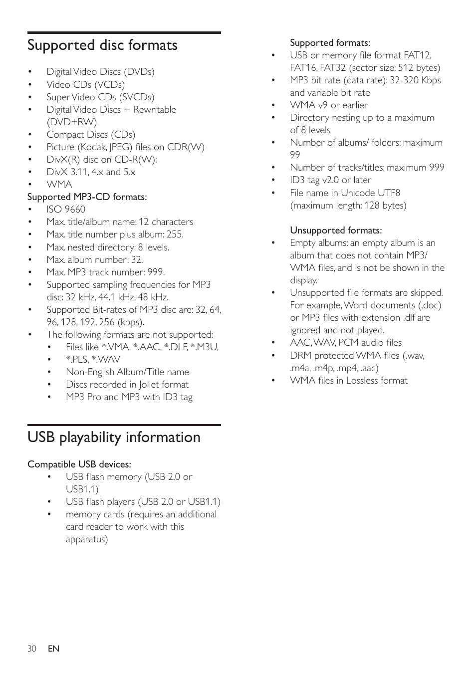 Supported disc formats, Usb playability information | Philips HSB2351/51 User Manual | Page 29 / 36