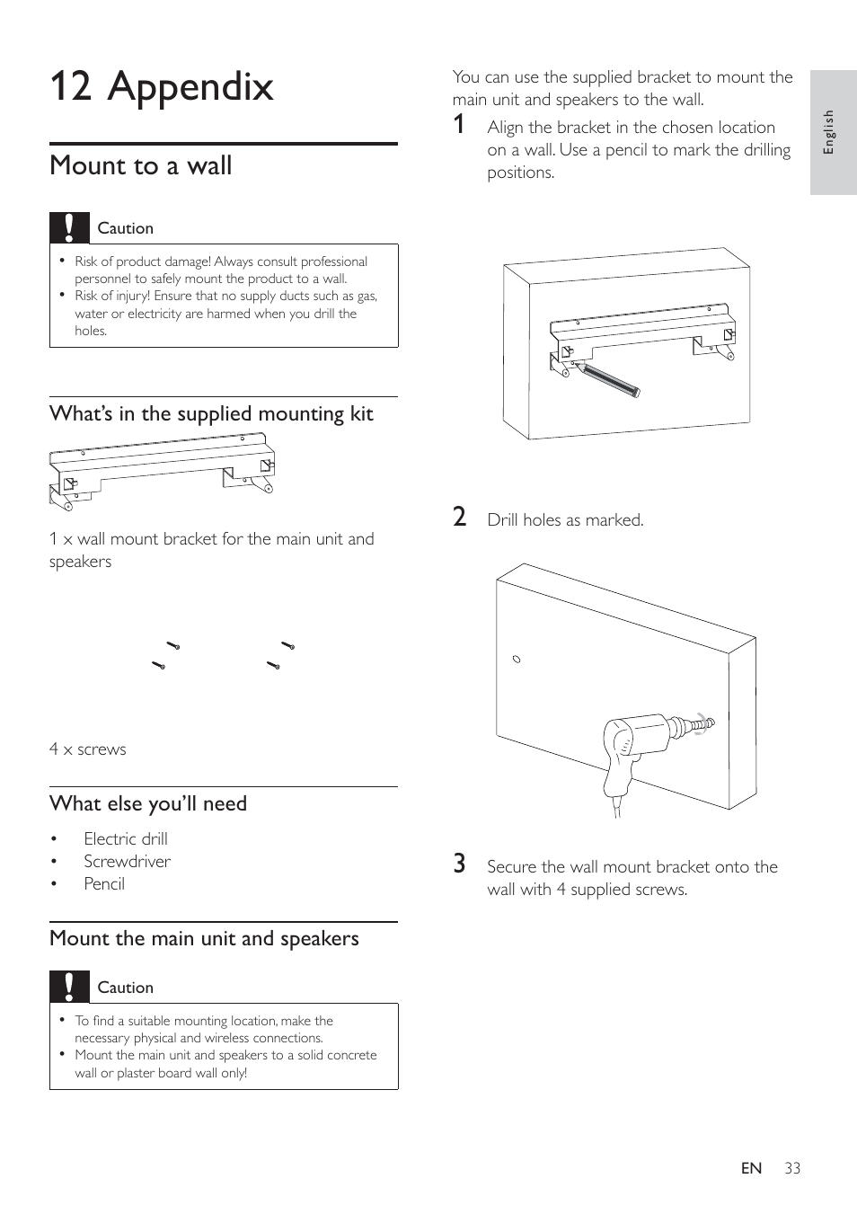 12 appendix, Mount to a wall, What’s in the supplied mounting kit | What else you’ll need, Mount the main unit and speakers | Philips HSB2351/51 User Manual | Page 32 / 36