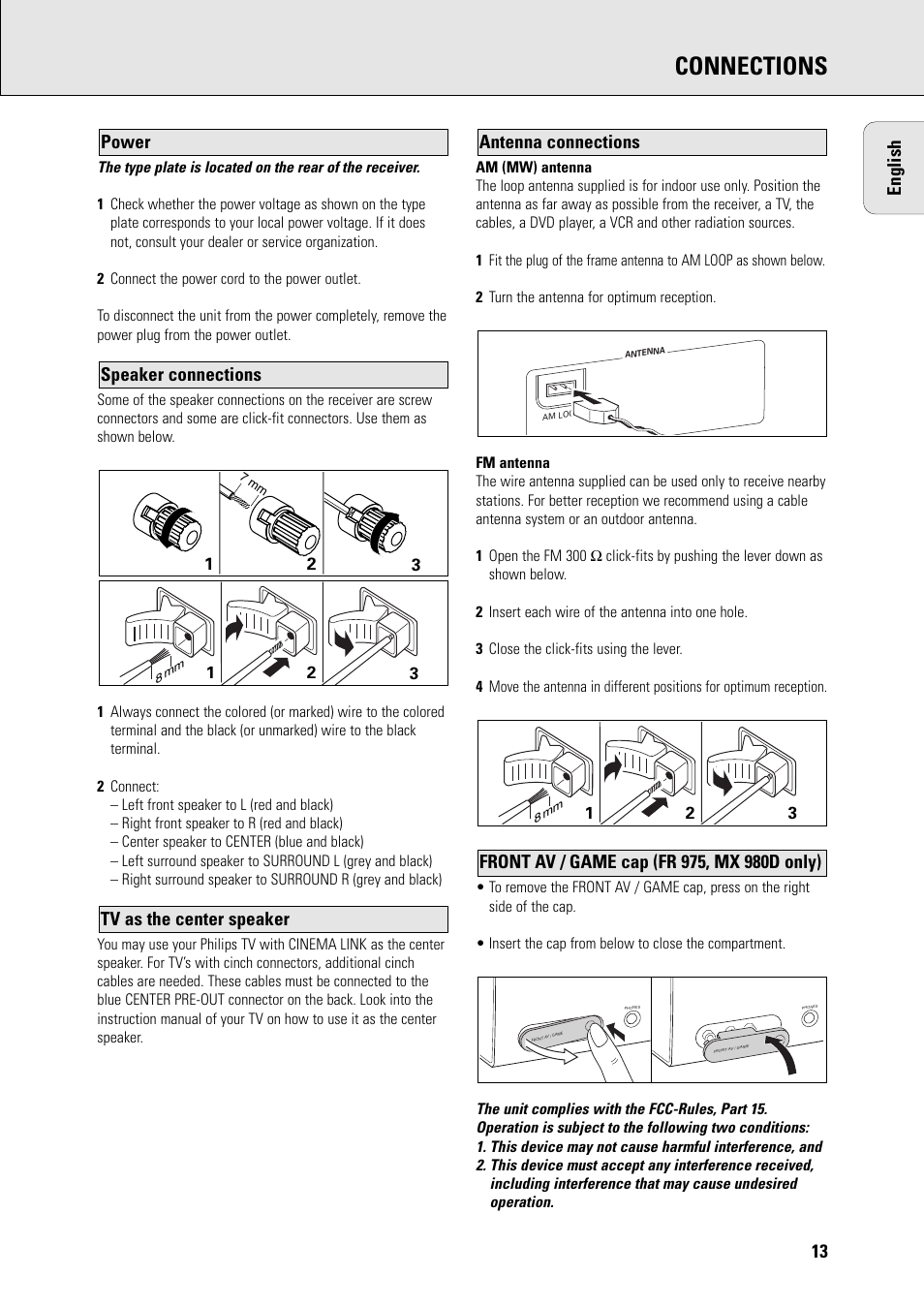 Connections, 13 english, Antenna connections tv as the center speaker | Speaker connections power | Philips FR965 User Manual | Page 13 / 27