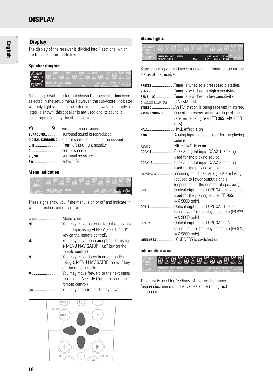 Display, 16 english | Philips FR965 User Manual | Page 16 / 27