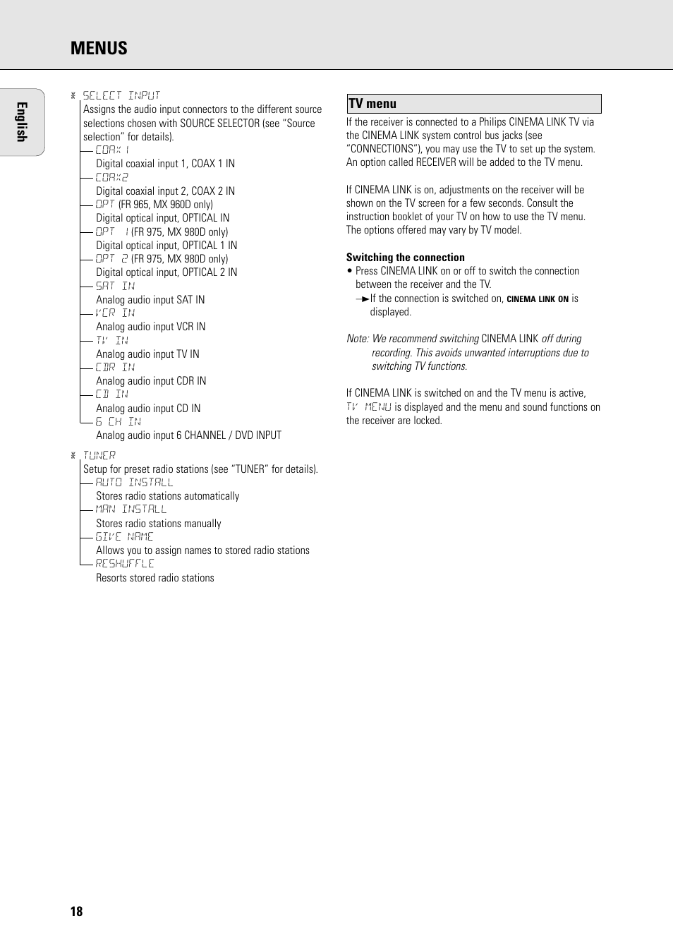 Menus | Philips FR965 User Manual | Page 18 / 27