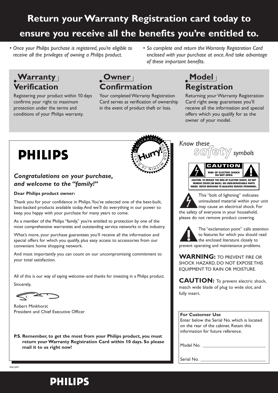 Ssa affe etty y, Hurry, Warranty verification | Owner confirmation, Model registration, Know these, Symbols | Philips FR965 User Manual | Page 2 / 27