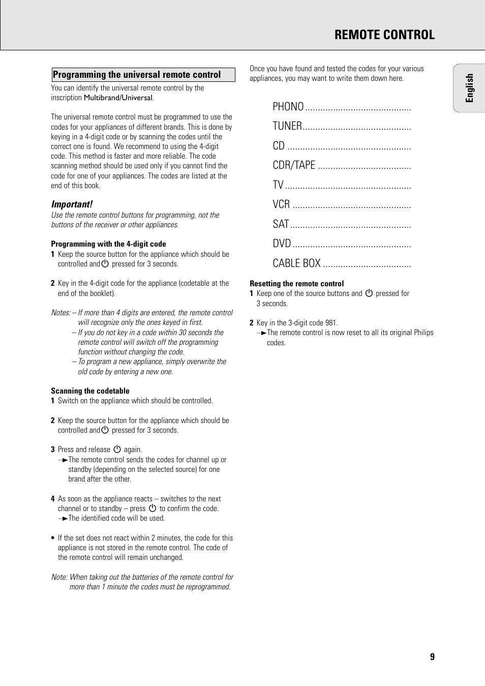 Remote control | Philips FR965 User Manual | Page 9 / 27