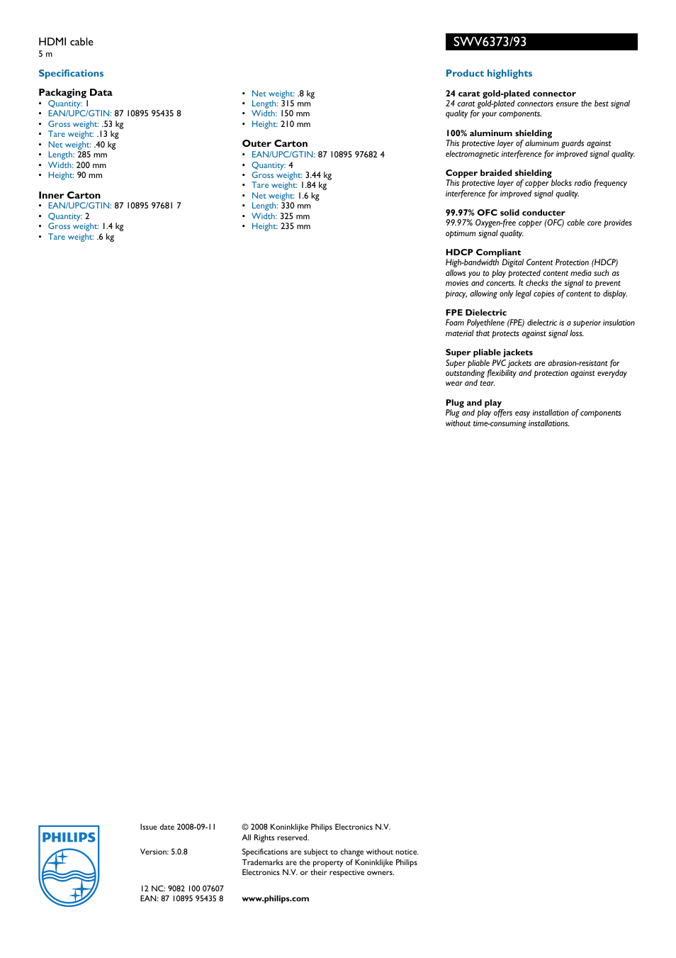 Philips HDMI Cable SWV6373 User Manual | Page 2 / 2