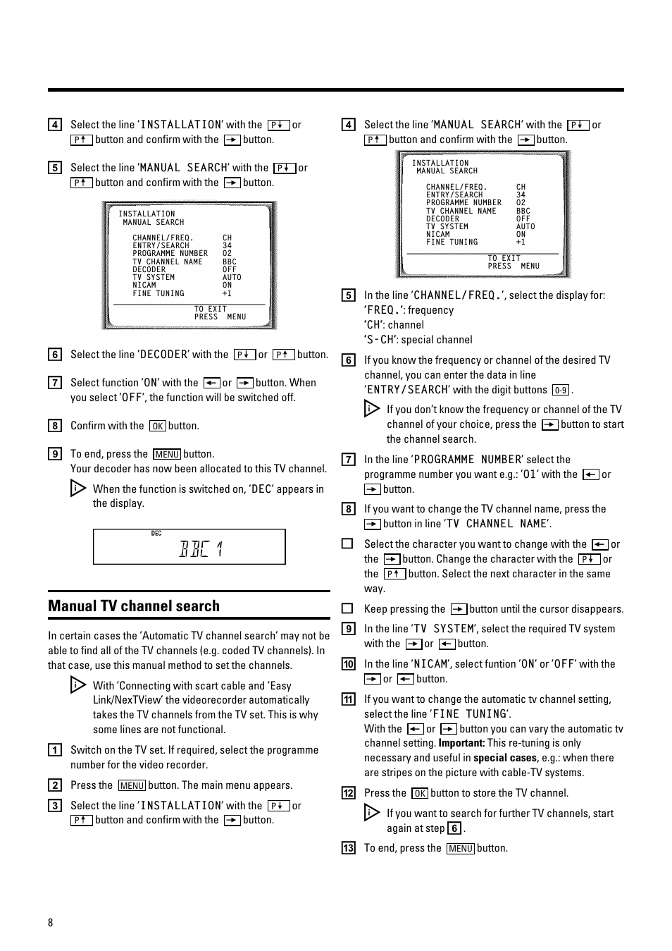 Bbc1, Manual tv channel search | Philips VR700/58 User Manual | Page 10 / 32