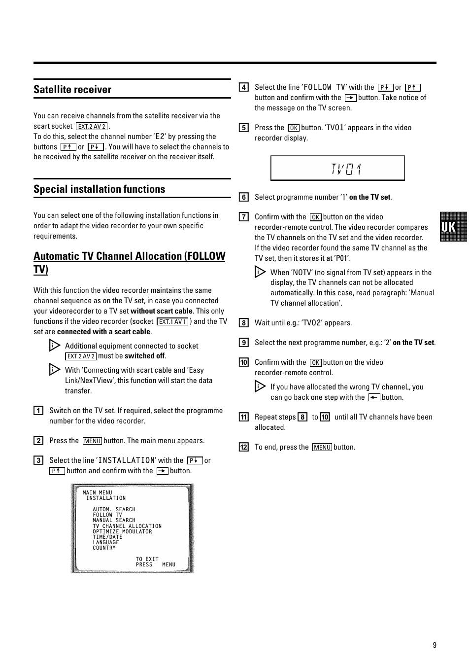 Tv01, Satellite receiver, Special installation functions | Automatic tv channel allocation (follow tv) | Philips VR700/58 User Manual | Page 11 / 32
