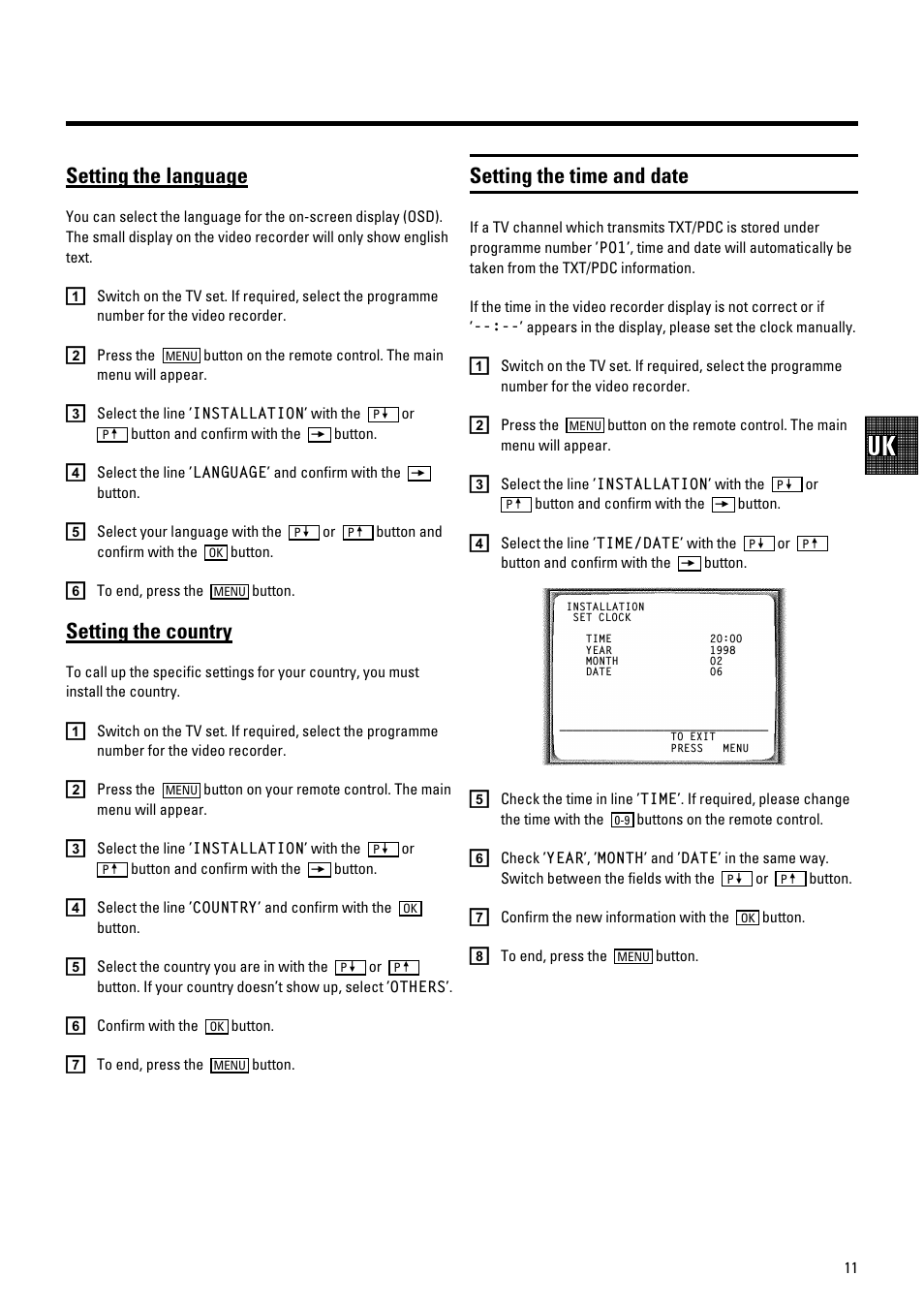 Setting the language, Setting the country, Setting the time and date | Philips VR700/58 User Manual | Page 13 / 32