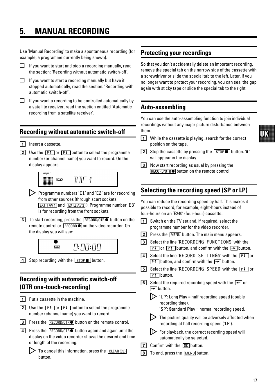 Bbc1, Manual recording, Recording without automatic switch-off | Protecting your recordings, Auto-assembling, Selecting the recording speed (sp or lp) | Philips VR700/58 User Manual | Page 19 / 32
