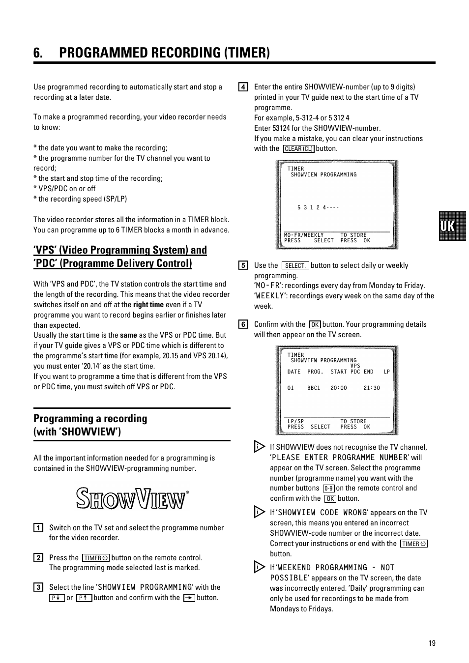 Programmed recording (timer), Programming a recording (with ’showview’) | Philips VR700/58 User Manual | Page 21 / 32