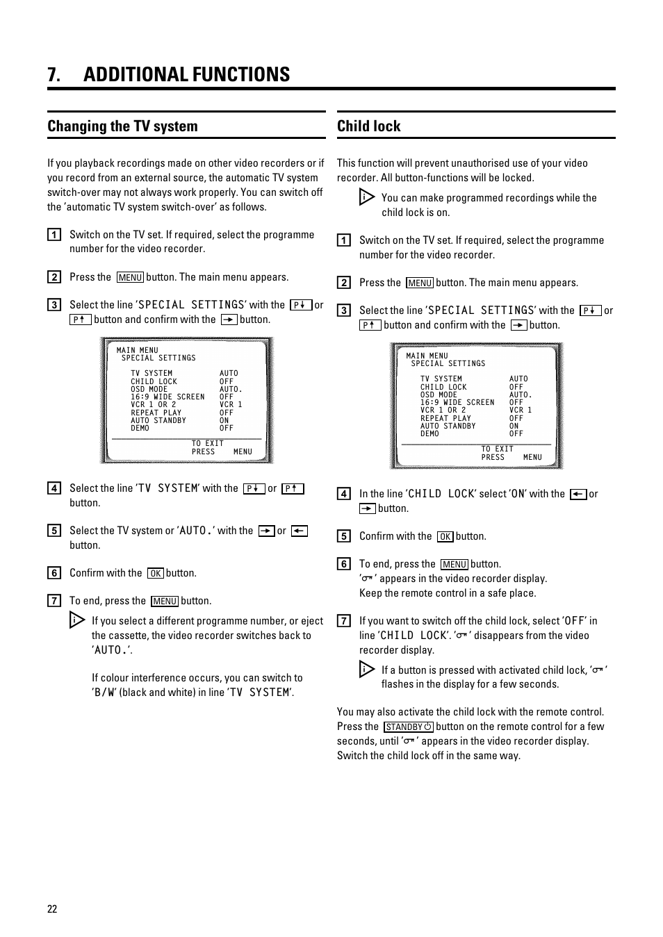 Additional functions, Changing the tv system, Child lock | Philips VR700/58 User Manual | Page 24 / 32