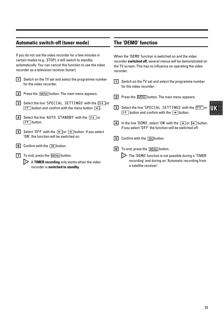 Automatic switch-off (tuner mode), The ’demo’ function | Philips VR700/58 User Manual | Page 27 / 32