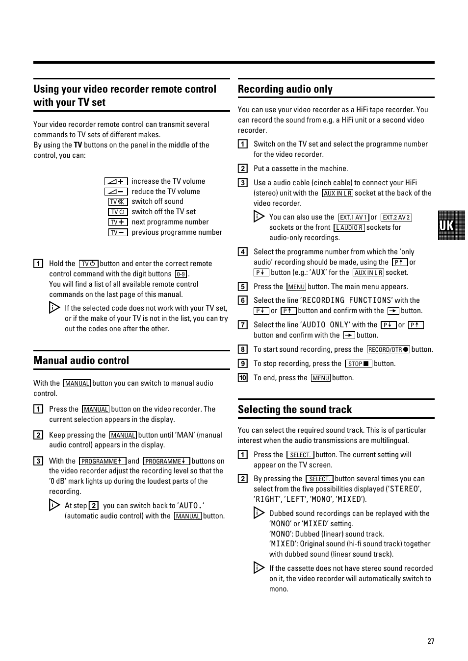 Manual audio control, Recording audio only, Selecting the sound track | Philips VR700/58 User Manual | Page 29 / 32