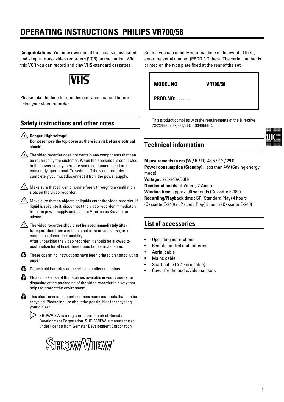 Technical information, List of accessories | Philips VR700/58 User Manual | Page 4 / 32