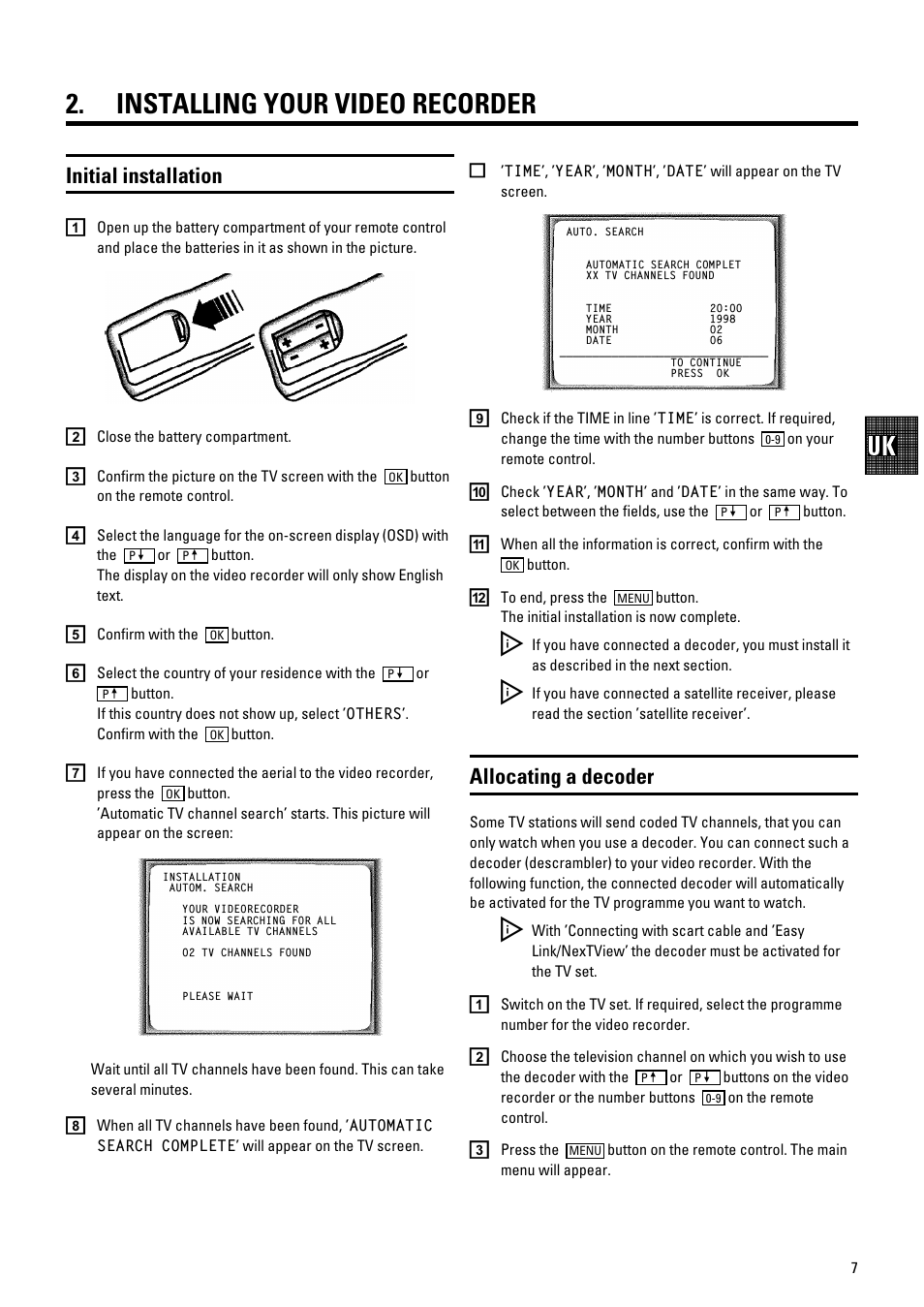 Installing your video recorder, Initial installation, Allocating a decoder | Philips VR700/58 User Manual | Page 9 / 32