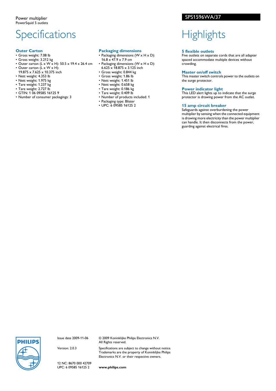 Specifications, Highlights | Philips SPS1596WA User Manual | Page 2 / 2