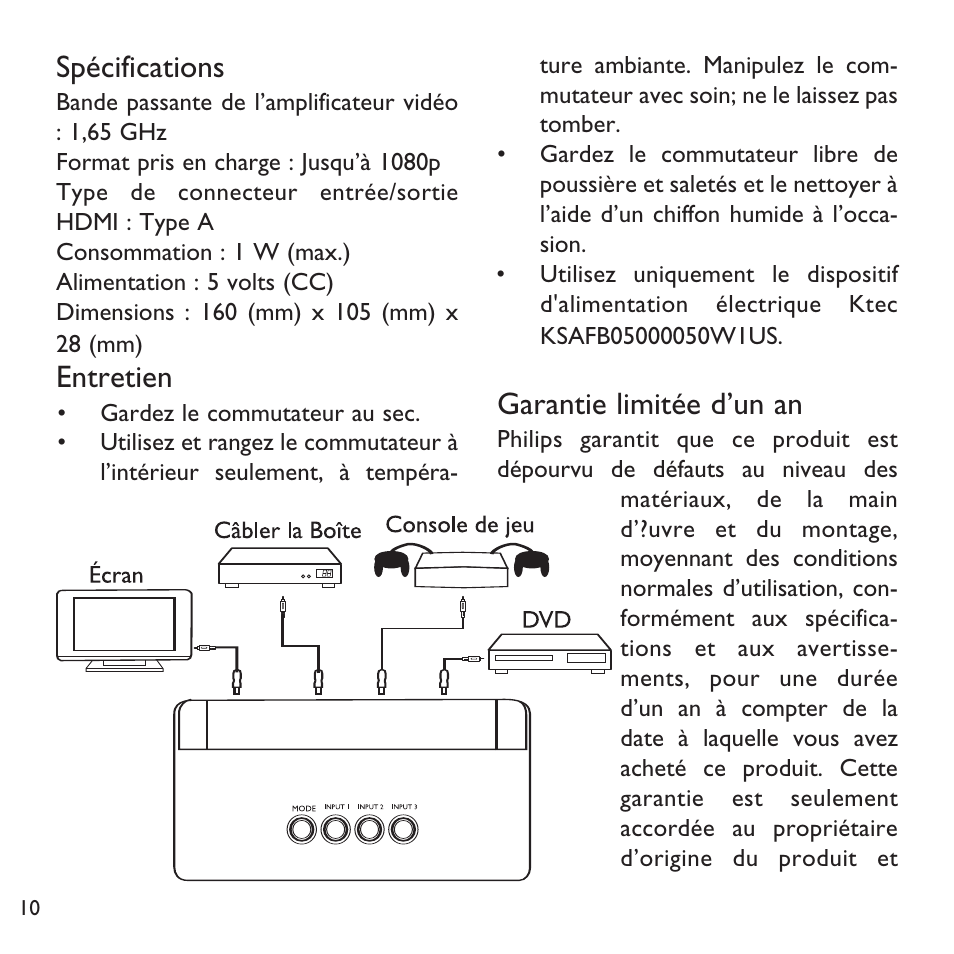 Spécifications, Entretien, Garantie limitée d’un an | Philips SWV6813 User Manual | Page 10 / 12