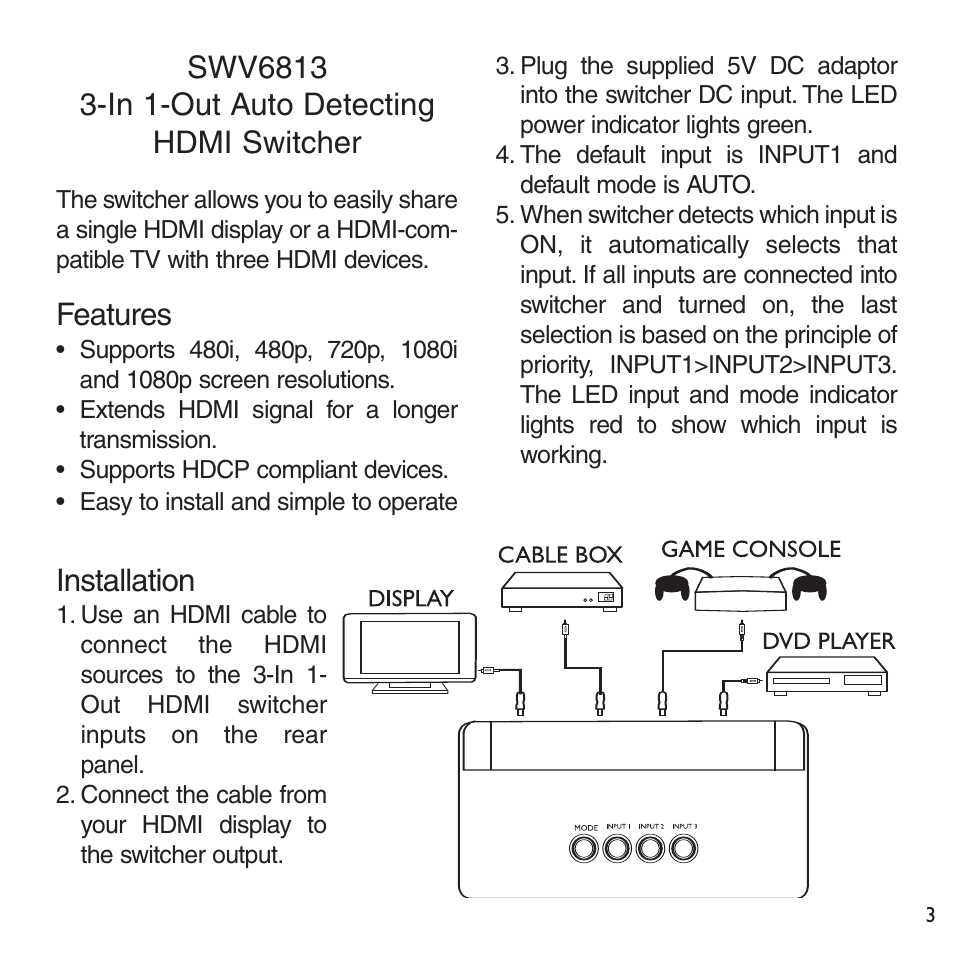 Features, Installation | Philips SWV6813 User Manual | Page 3 / 12