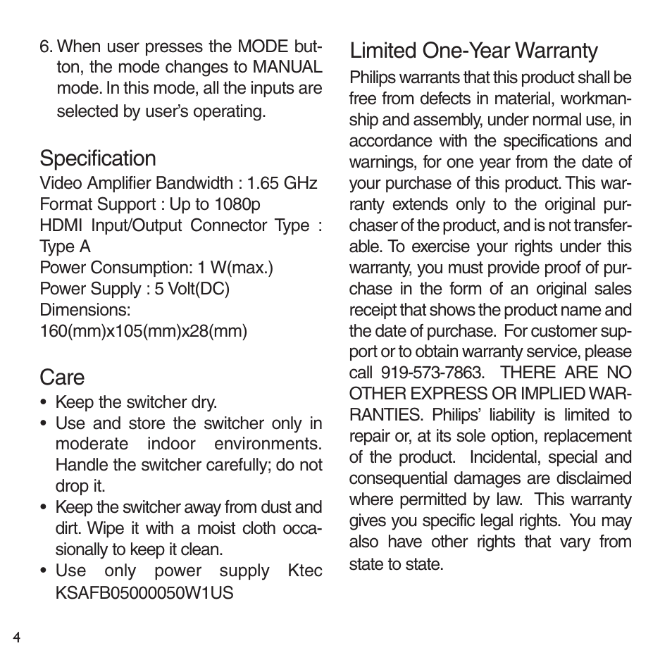 Specification, Care, Limited one-year warranty | Philips SWV6813 User Manual | Page 4 / 12