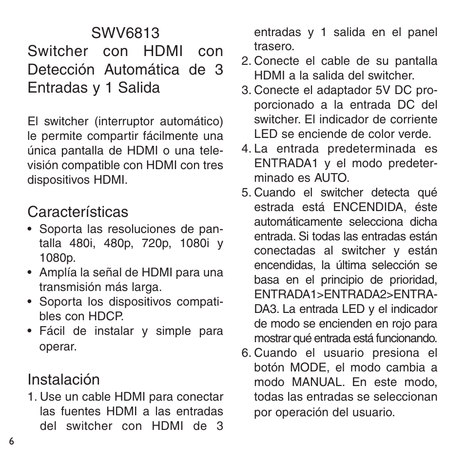 Características, Instalación | Philips SWV6813 User Manual | Page 6 / 12