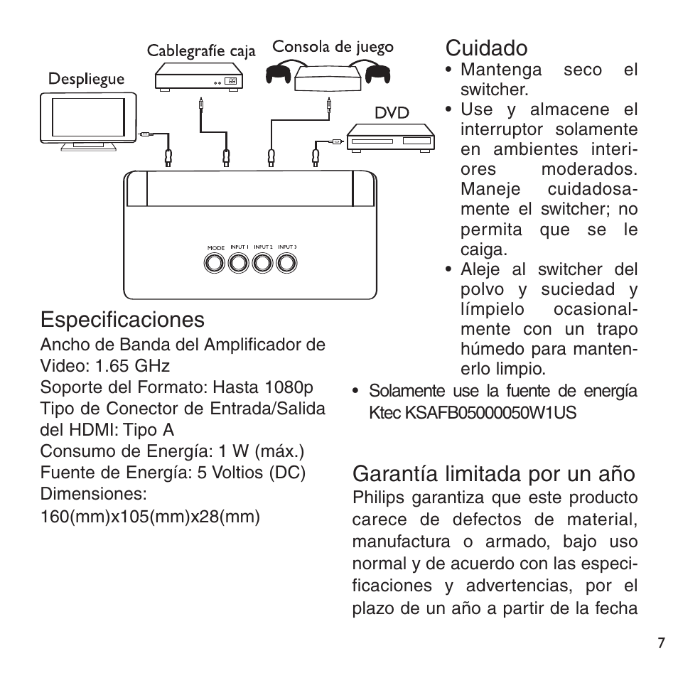 Especificaciones, Cuidado, Garantía limitada por un año | Philips SWV6813 User Manual | Page 7 / 12