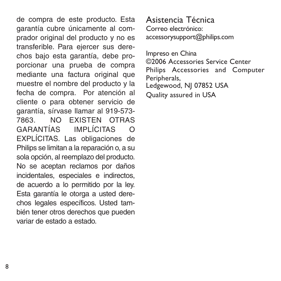 Asistencia técnica | Philips SWV6813 User Manual | Page 8 / 12