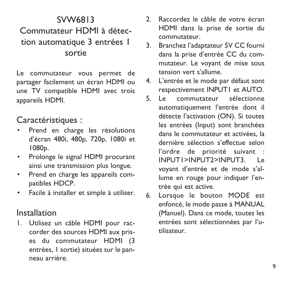 Caractéristiques, Installation | Philips SWV6813 User Manual | Page 9 / 12