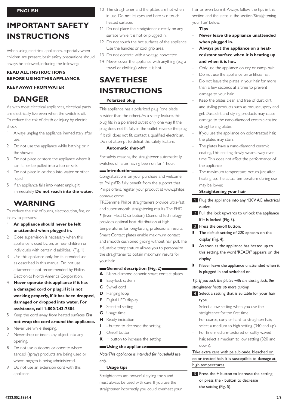 English, Important safety instructions, Danger | Warning, Save these instructions | Philips HP4667/05 User Manual | Page 2 / 8