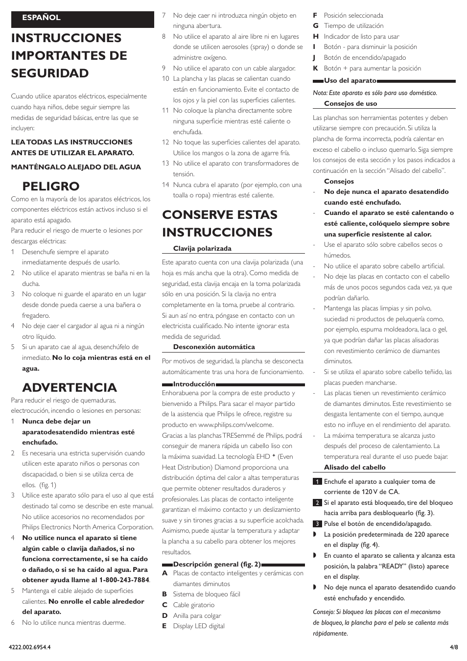 Español, Instrucciones importantes de seguridad, Peligro | Advertencia, Conserve estas instrucciones | Philips HP4667/05 User Manual | Page 4 / 8