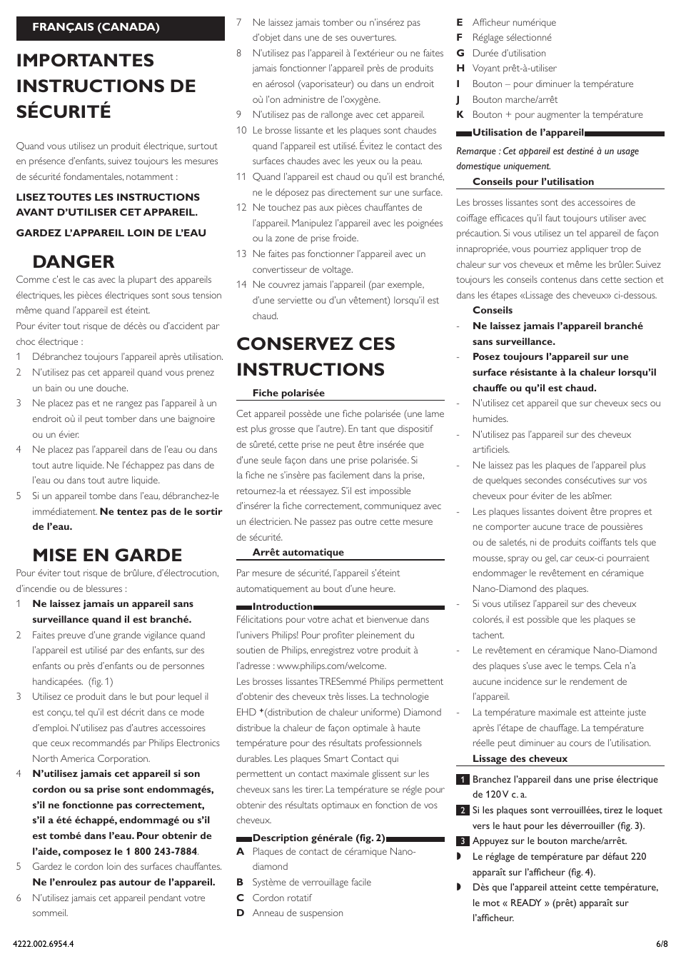 Français (canada), Importantes instructions de sécurité, Danger | Mise en garde, Conservez ces instructions | Philips HP4667/05 User Manual | Page 6 / 8