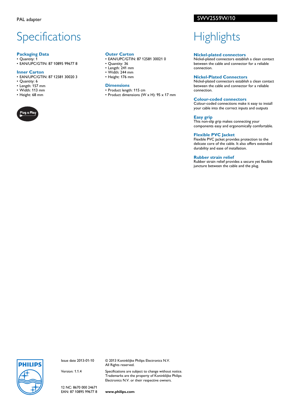 Specifications, Highlights | Philips SWV2559W User Manual | Page 2 / 2