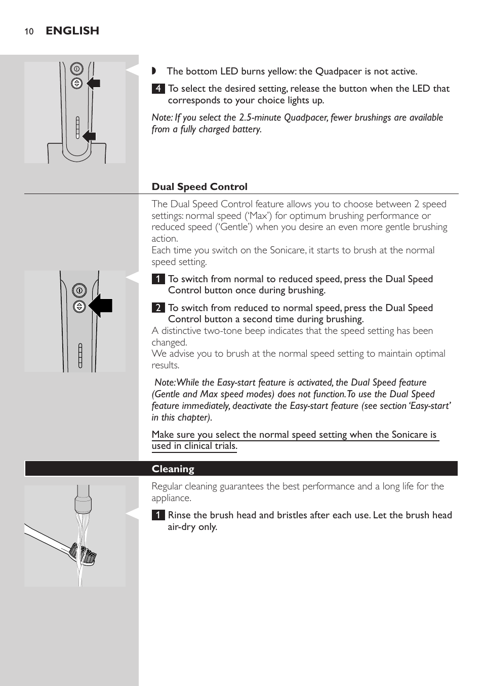 Dual speed control, Cleaning | Philips ellite e9000 User Manual | Page 10 / 60
