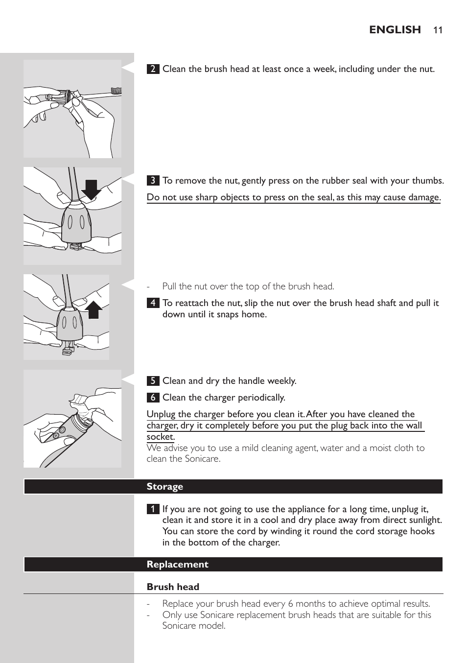 Storage, Replacement, Brush head | Philips ellite e9000 User Manual | Page 11 / 60