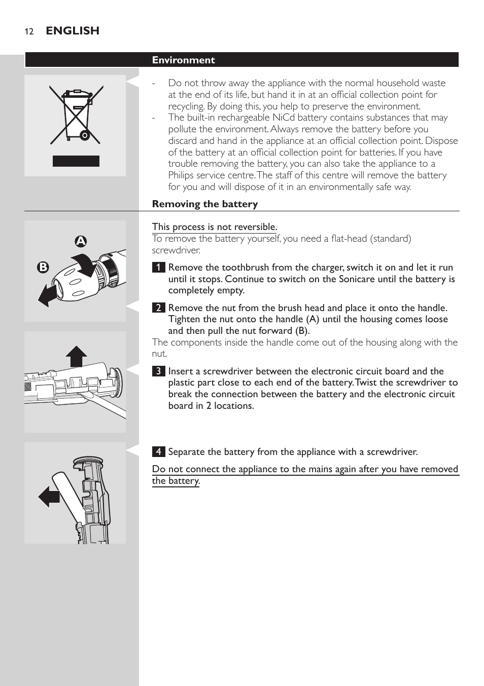 Environment, Removing the battery, Guarantee & service | Ba b a | Philips ellite e9000 User Manual | Page 12 / 60