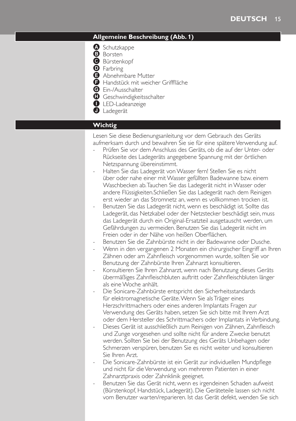 Deutsch, Allgemeine beschreibung (abb. 1), Wichtig | Philips ellite e9000 User Manual | Page 15 / 60